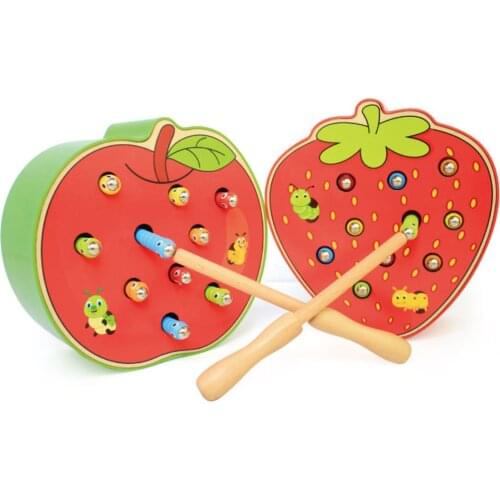Wooden Catch Worms Games with Magnetic Stick Catch Creature Caterpillar Montessori Educational Magnetic Strawberry Apple Shape