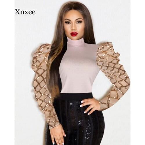 Women Plus Size Puff Sleeve Mesh See Through Long Sleeve O-Neck Top Shirt Black Spring Fall Chic Slim Shirts Clothing