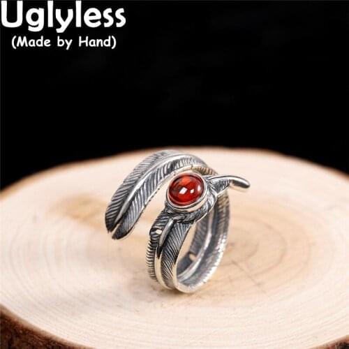 Uglyless Exotic Thai Silver Feather Rings for Women 925 Silver Leaf Rings Natural Black Agate Red Garnet Jewelry Fashion Rings