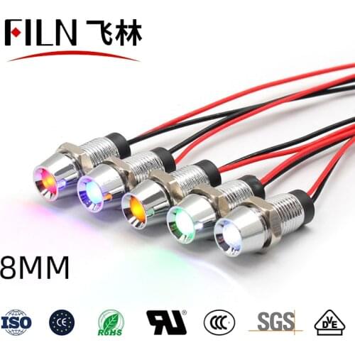 FILN CE Metal 8mm mounting hole 12v 24v 220v 110v high quality pilot lights led indicator light with wire