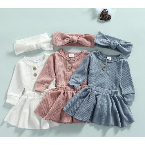 0-12M Newborn Baby Girl Solid Color Waffle Clothes Long Sleeve Cotton Bodysuit Tops Skirt Headband 3PCS Clothing Set