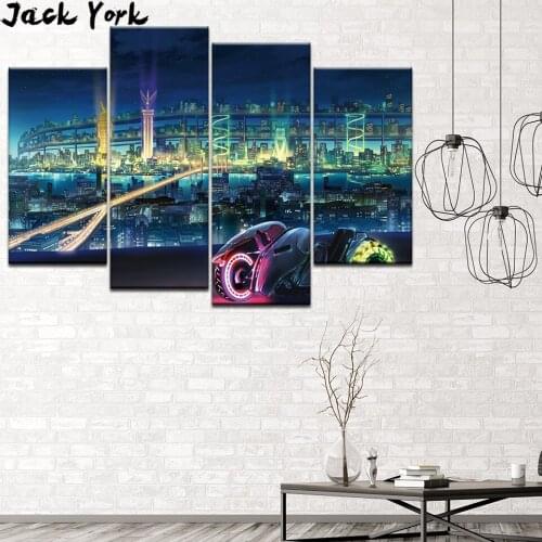 Canvas Painting fantasy modern city scenery 4 Pieces Wall Art Painting Framework Modular Wallpapers Poster Print Home Decor