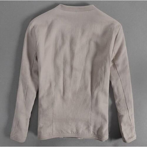 Pure natural linen V-neck zipper solid spring khaki black Army Green Dark blue thin causal jacket men