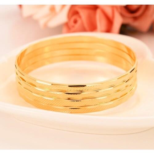 Fashion Dubai Hoop Bangle Jewelry Solid 18 k Yellow Gold GF Dubai Oblique lines Bracelet for Women Africa Arab Items wedding bridal gifts