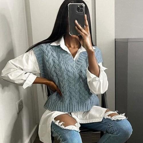 Ardm Fashion Twist Blue Cropped Cable-Knit Sweater Vest Vintage V Neck Female Waistcoat Tops Pull Sans Manche Winter Pullover