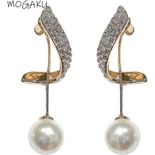 MOGAKU Elegant White Pearl Dangle Earrings for Women Cute Crystal Geometric Drop Earrings Fashion Bride Wedding Jewelry Woman