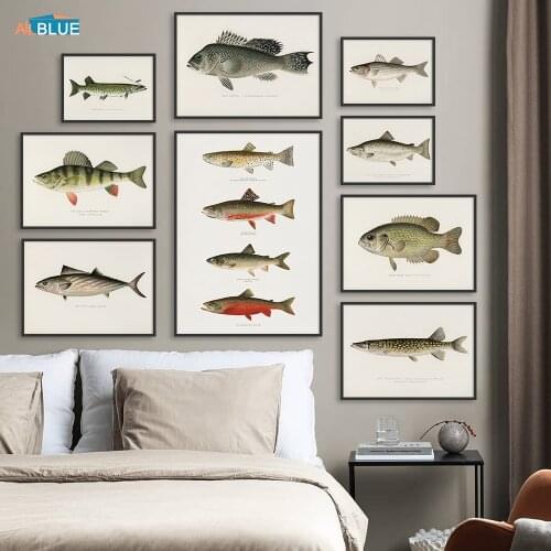 Vintage Poster And Print Fishing Wall Painting Breed Of Fish Picture Freshwater Fish Mural Canvas Art Home Decor For Living Room
