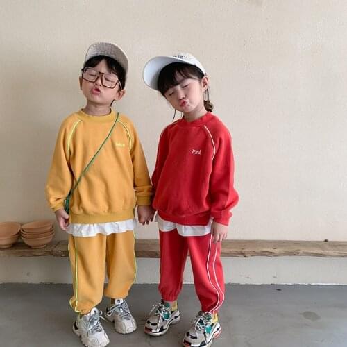 Autumn boys girls loose solid color 2 piece set 2020 new Korean College style kids children long sleeve and pants clothes sets