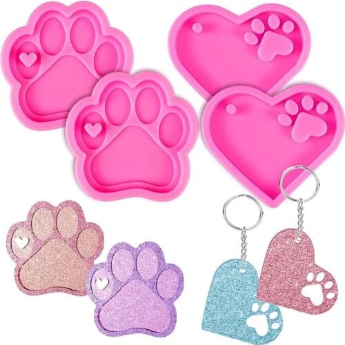 Hole Keychain Silicone Resin Mold Heart Shaped Dog Paw Fondant Chocolate Mold for DIY Dog Tag Holiday Gift Cake Decoration Tool