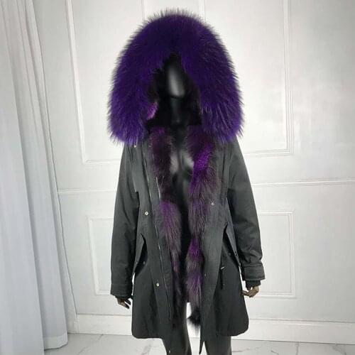 Natural Silver Fox Fur Parka Winter Women Jacket Fashion Hood Warm Long Big Raccoon Fur Collar Plus-Size