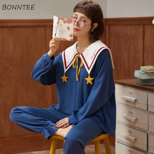 Pajama Sets Women Turn-down Collar Student Cotton Long Sleeve Lovely Princess Style Autumn Feminino Sleepwear Home Ulzzang Chic