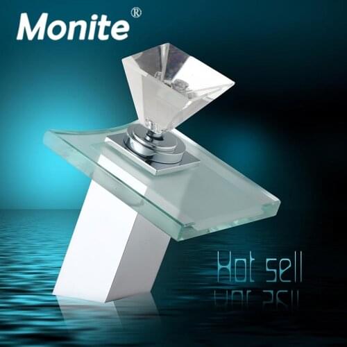Monite Solid Brass Square Bathroom Waterfall Glass Chrome Polish Basin Sink Faucet Deck Mount Diamond Handle Faucet Mixer Tap