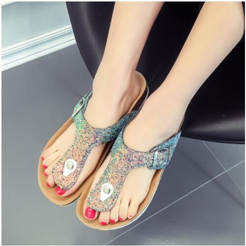 Big Size 9 10 42 43 Metal Buckle Cork Sandals Women Belt Strap Babouche Slides Travel Beach Flipflops Brand Valentine' Slippers