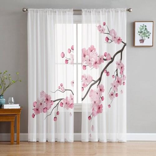 Japanese Pink Flower Cherry Blossom White Sheer Curtains Window Curtains for Living Room Bedroom Blinds Kids Room Home Decor