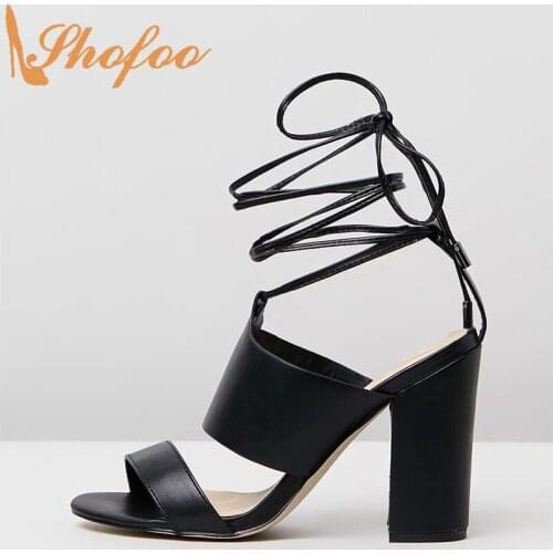 Black High Chunky Heels Women Sandals Open Toe Ankle Strap Lace Up Large Size 14 16 Ladies 2021 Summer New Mature Shoes Shofoo