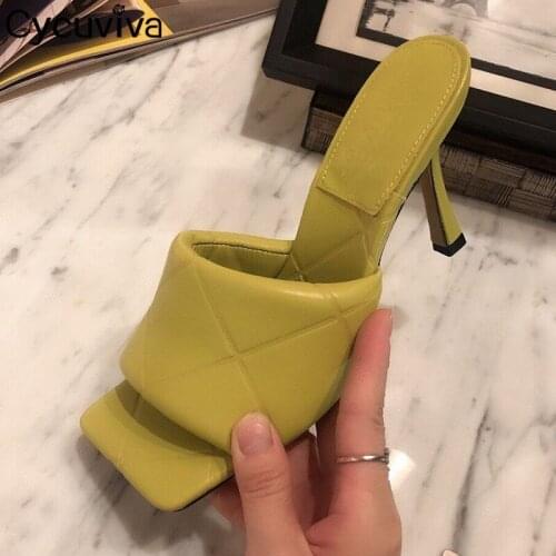 New Square Bread Slippers Women High Heel Leather Slides Candy Designer Sandals Summer Party Shoes Woman Sandalias Mujer 2021