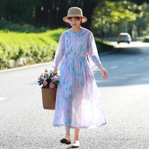 Women Spring Summer Printed Loose Dress Ladies Vintage Thin Ramie Dresses Female 2020 Dress