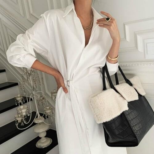 2021 New Women White Spring Vintage Wrap Long Shirt Dress Irregular Single Breasted Full Sleeve Split Hem