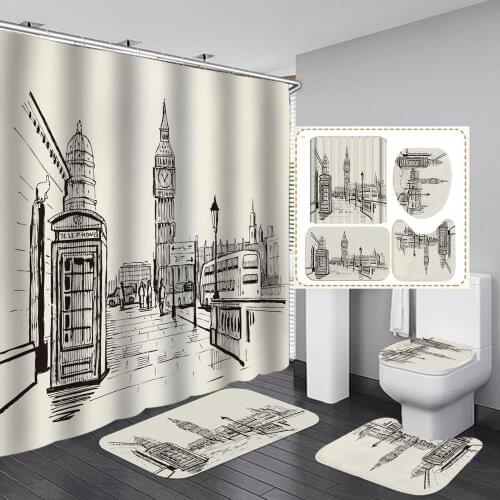 Art Print Bathroom Shower Curtains Set 4 PCS Anti-slip Carpet Mat Toilet Mat Waterproof Bathroom Curtain