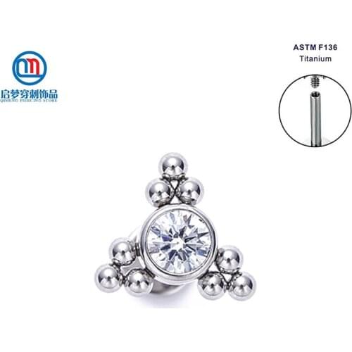 ASTM F136 Titanium Internally Threaded Triple Crystal and Ball Tragus Stud Piercing