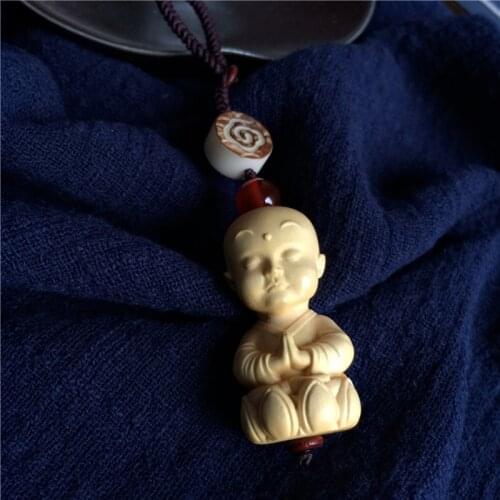 One thought, one clean, boxwood keychain pendant, bodhi lotus pendant, meditation little monk, Buddha and Gong wooden