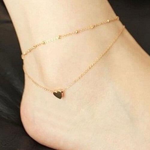 Gold Tone Love Heart Ankle Bracelet Double Layer Chain Foot Anklet