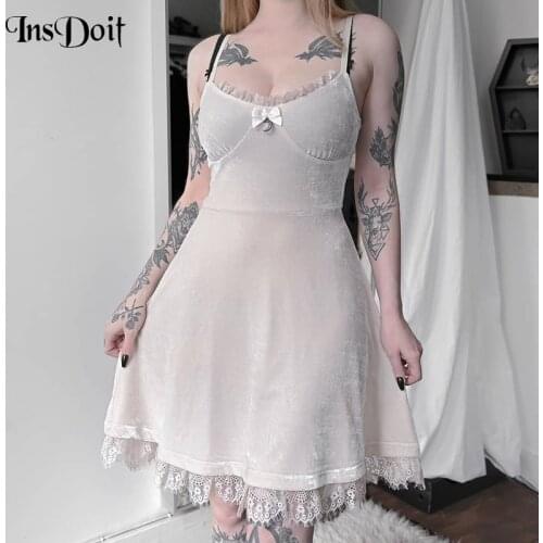 InsDoit Y2K Sexy Gothic Grunge Dresses Women Velvet Vintage Lace Summer A LINE Dress Fashion Punk Harajuku Elegant Party Dress