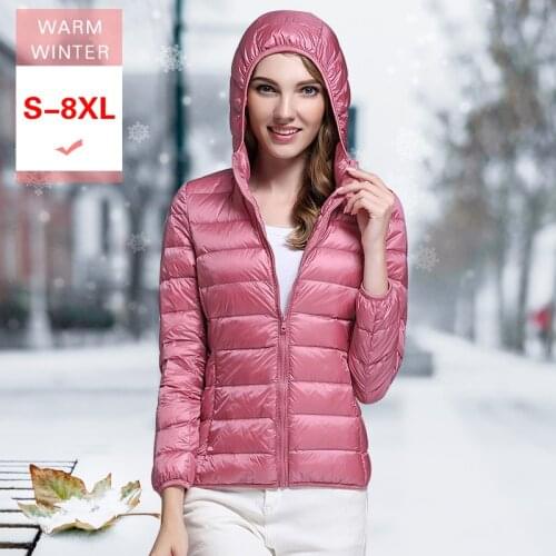 8XL Large Size New Winter Women White Down Jacket Female Ultra Light Soft Casual Down Coat Hooded Short Windproof Feather Coat
