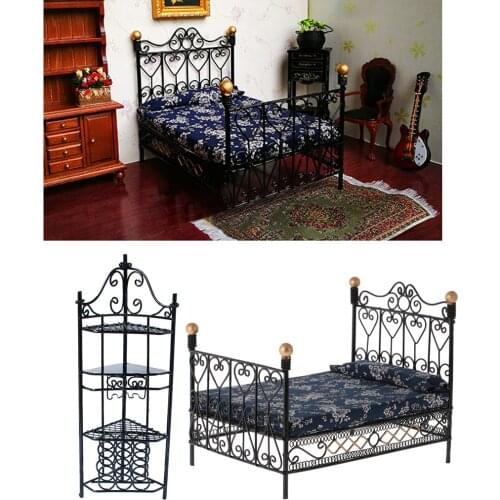 European Retro Style 1/12 Dollhouse Miniature Furniture Metal Double Bed Storage Rack Set for Bedroom Living Room Decor