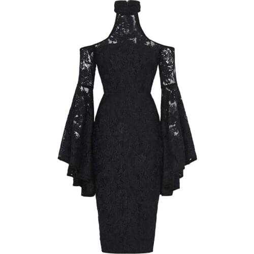 Fashion White Black Flare Sleeve Lace Sexy Slim Bodycon Women Dress Party HL BANDAGE DRESS