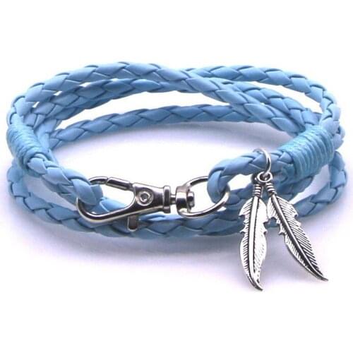 Men Bracelet Punk Black/Brown/Blue/Lake Blue Braided Leaf Wing Leather Bracelet Bangle Male Accessories Jewelry Leather Bracelet