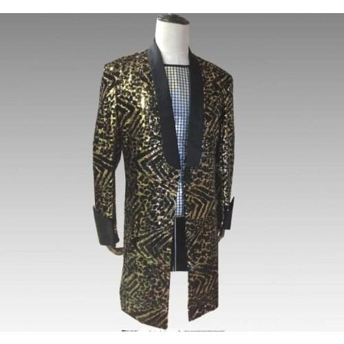 Mens leopard Gold black Sequins personality long Blazer Fashion Punk Nightclub Bar DJ Singers Suit Jacket Costumes Trench coat