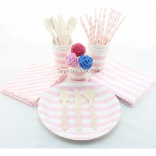 Wholesale 100 sets Lovely Baby Pink Party Tableware Set Chevron Polka Dot Striped Paper Straw Cup Plate Napkin Spoon Fork Knife