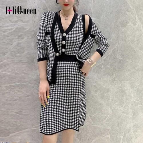 Autumn Knitted 2 Piece Set Women Plaid V Neck Cardigan Coat Crop Top + Mini Dress Sets Koran Elegant Female Casual Dress Suit