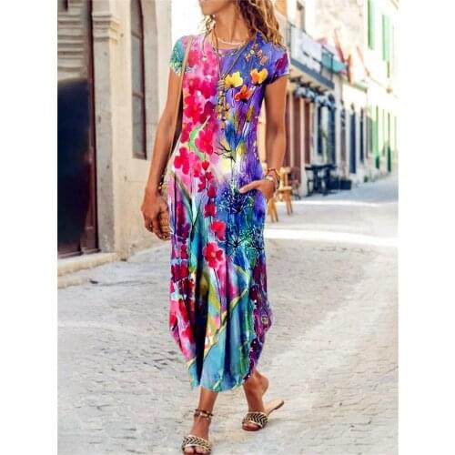 New Women Casual Loose Short Sleeve Dress Party Summer Pocket Boho Bow Befree Maxi Dress Plus Sizes Big Large Dresses Robe Femme