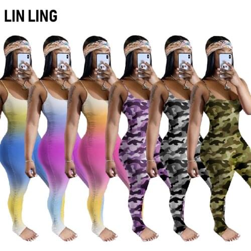 LINLING Multi Color Printing Pleated Suspender Jumpsuit Fashion 2021 Spring Leisure Chic One Piece Club Hot