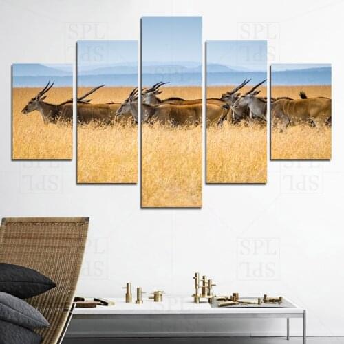 Prairie Antelope Five-Piece Canvas Painting Home Decoration Nature Wild Animal Wall Picture for Living Room Posters and Prints