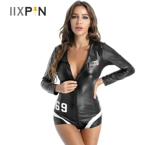 See-through Mesh Back Leotard Catsuit Womens Lingerie Clubwear Faux Leather Deep V Neck Zipper Rave Bodysuit for Pole Dancing