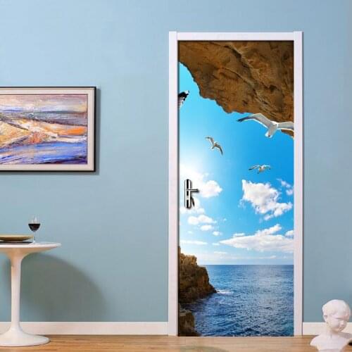 Blue Sky White Clouds Cave Seascape 3D Door Sticker PVC Waterproof Wallpaper Living Room Bedroom Home Decoration 3D Mural Tapety