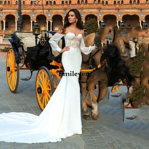 Smileven Boho Mermaid Wedding Dress Puff Sleeve Appliqued Lace Bridal Dress Romantic Vestido De Noiva Beach Wedding Gowns