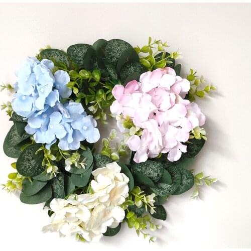 Three Colors Hydrangea Flowers Wreath Green Leaves Eucalyptus Garland Artificial Wreath For Home Decoration