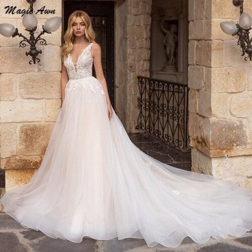 Magic Awn Princess Boho Wedding Dresses 2021 Light Champagne Soft Tulle Lace Appliques Bridal Gowns Open Back Robe De Mariée