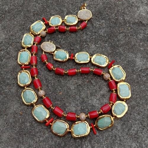 Y·YING 2 Strands Red Corals Green Amazonite Necklace Cubic Zirconia Pave Clasp 21"