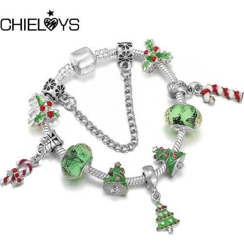 Green Christmas Tree Beads Pendant Charm Bracelets With Silver Color Chain Bracelets For Women Kids Xmas Jewelry Gift Hot Sale