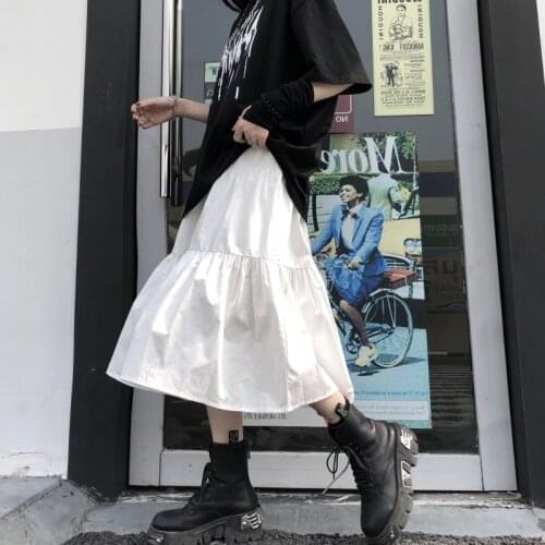 Long Skirt for Women White Skirt Autumn New High Waist Skirt Mid-length Japanese Pleated Stitching Fairy Cake Skirt A-line Skirt