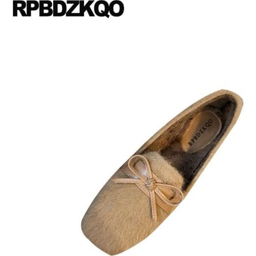 Square toe british style fur women flats shoes with little cute bowtie chinese slip on loafers china designer large size plus