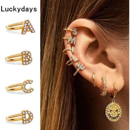 Luckydays 1Pcs Zircon Earrings for Women Creative 26 English Alphabet Earrings U-shaped Without Pierced Ear Clips Jewelry