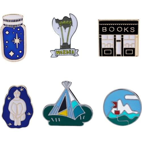 Travel the world Badges Wishing Bottles Books NO IDEA Bolb Metal Enamel Pins Cartoon Brooches Jackets Clothes Lapel Pin Jewelry