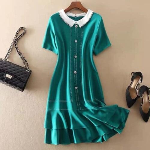 2021 Summer Patchwork Ruffles Dresses Women Casual A-Line Short Sleeve Dresses Plus Size Slim Peter Pan Collar Dress Vestidos