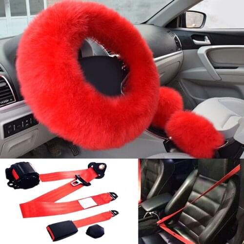 4pcs Red set Universal Furry Thick steering wheel cover, hand brake cover, gear set +3 Point Safety Seat Lap Belt kit